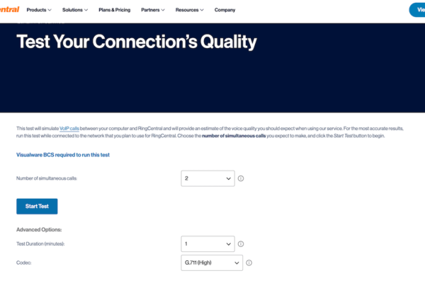 Screenshot of RingCentral’s quality of service test page, with a button to start the test.