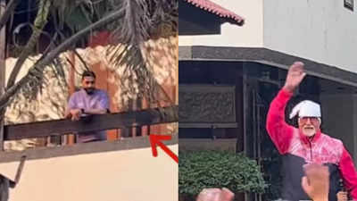 Abhishek Bachchan proudly watches Amitabh Bachchan greeting fans in front of Jalsa on Sunday from the first floor-Watch