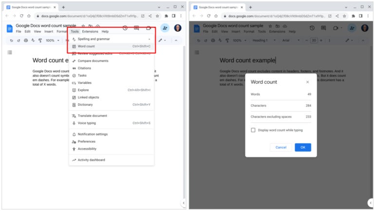 The Tools | Word count menu option (left) displays the word count (right) in Google Docs on the web.