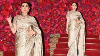 Karisma Kapoor's golden Kanjeevaram saree steals the show at Aadar Jain-Alekha Advani's wedding