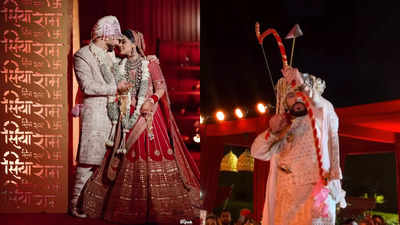 Beautiful bride picks Sabyasachi lehenga for Siya-Ram themed wedding; groom shoots an arrow to win her