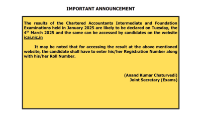 ICAI CA Inter, Foundation results out tomorrow for Jan 2025 session, official notice here