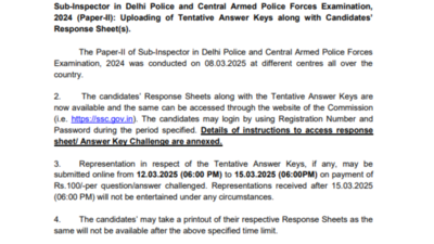 SSC SI Delhi Police, CAPF tentative answer key 2024 for paper 2 out: Check direct link here